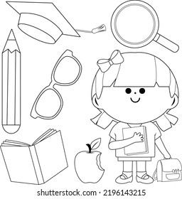 Niña estudiante y conjunto de objetos escolares. Página de coloreado vectorial en blanco y negro.