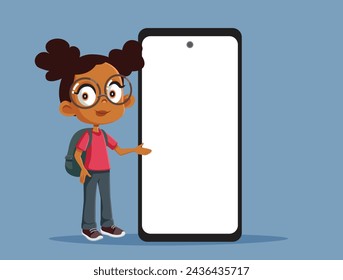 
Student Girl Showing a Blank Phone Display vector Cartoon Character. Smiling student presenting an educational app 
