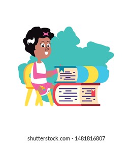 student girl sitting in chair with stack books