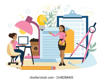 A student girl is sitting at a computer, and the teacher is giving a lecture. The concept of learning. Student and the path to a modern profession. Flat vector illustration in cartoon style.