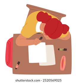 Student Girl Sitting At A Desk With Art Supplies And Paper. Cartoon Vector Scene Depicts A Creative Setting From A Top View, Highlighting Academic And Artistic Activity In A Classroom Environment