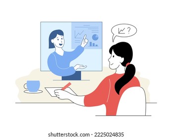 Student girl sitting in front of computer learning online. Schoolgirl watching remote online webinar lesson. Distance lesson, homeschooling cartoon thin line vector illustration