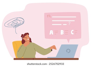 Estudante sentada em frente ao laptop participando de um exame on-line. A ilustração vetorial mostra uma expressão bem pensada ao escolher uma resposta, educação, aprendizado on-line e exame digital