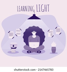 Student, the girl is sitting with a laptop. With the inscription learning light. In purple colors. Lamp with light. Business lady. Vector illustration