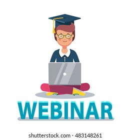 Student girl sitting legs crossed with laptop on her lap taking online webinar training. Flat style modern vector illustration isolated on white background.