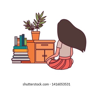 student girl sitting on his back with stack of books