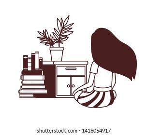 student girl sitting on his back with stack of books