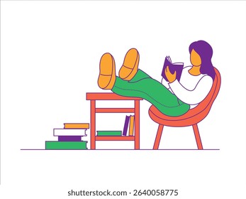 A student girl is sitting relaxed in an armchair and reading a book, there is a stack of books and textbooks nearby. Vector illustration for school, leisure time, hobbies
