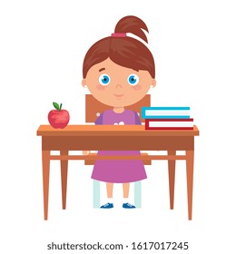 student girl sitting in school desk on white background vector illustration design