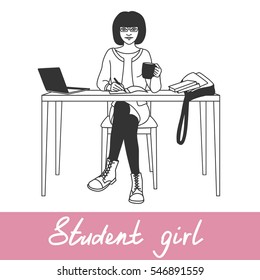 Student girl sitting at the table writing into her notebook and drinking tea. Black and white colors. Vector clip-art.
