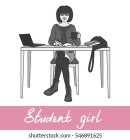 Student girl sitting at the table writing into her notebook and drinking tea. Gray colors. Vector clip-art.