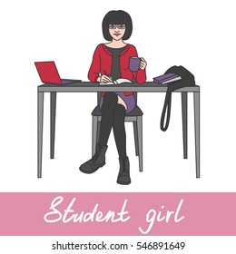 Student girl sitting at the table writing into her notebook and drinking tea. Red, black, violet colors. Vector clip-art.