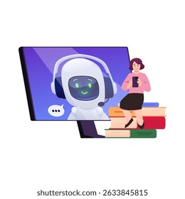 Student girl with smartphone sitting on stack of books. Online computer app with AI robotic assistance on screen. Studying with chat bot, Artificial intelligence. Vector flat illustration