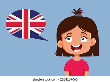 Student Girl Speaking English Vector Cartoon Illustration. Little child learning a new foreign language of international circulation
