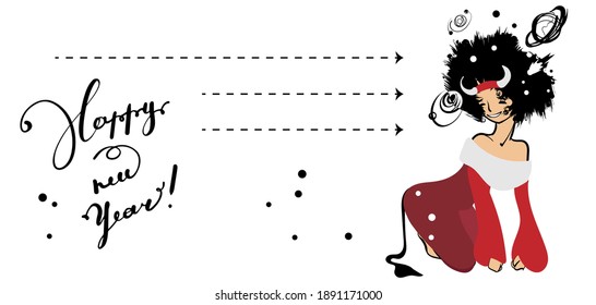A student girl is squatting in a new years red and white suit. Black hair, space and planets. With horns. The inscription Happy New year. New years horizontal 