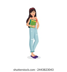 Student girl with stack of books. University male teenager student, college student boy cartoon vector illustration