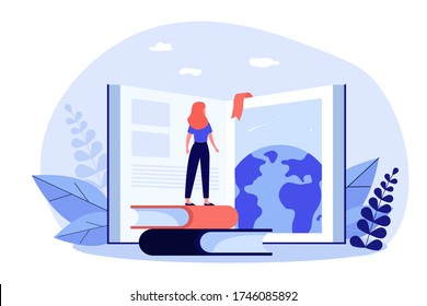 Student girl standing at open book, studying global literature, training skills. Flat vector illustration for education, knowledge, school, library concept