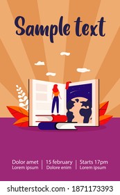 Student girl standing at open book, studying global literature, training skills. Flat vector illustration for education, knowledge, school, library concept