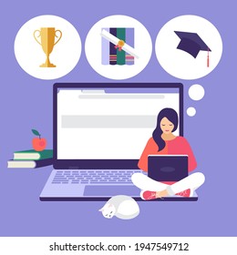 student girl studies with the help of a laptop and dreams of a successful graduation, of a diploma. flat minimalistic drawing. concept on the topic of online education.  stock vector illustration. EPS