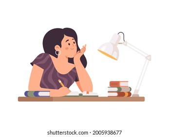 Student girl studying with books. Woman write journal or diary. Vector female character illustration