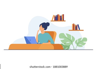 Student girl studying at laptop. Computer, books on shelves, sitting at desk flat vector illustration. Studying, distance learning concept for banner, website design or landing web page