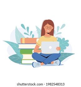 Student girl studying with laptop. Young woman sitting on stack of books, getting knowledge online. Vector illustration for e-learning, internet course, school concept