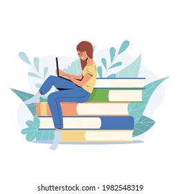 Student girl studying with laptop. Young woman sitting on stack of books, getting knowledge online. Vector illustration for e-learning, internet course, school concept