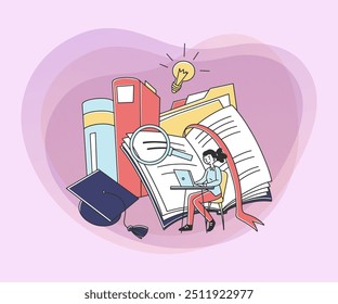 Student girl studying online. Young woman using laptop near textbooks, graduation hat. Vector illustration for knowledge, distant education, internet course, school concept