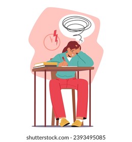 Student Girl, Tense And Focused, Sits At A Desk During An Exam. Pencils, Erasers, And Papers Scattered, Conveying The Intensity Of The Academic Challenge They Face. Cartoon People Vector Illustration