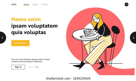 Student girl with textbook sitting cafe. Young woman reading book at table flat vector illustration. Knowledge, library, studying concept for banner, website design or landing web page