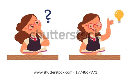Student girl thinking. Young child question, stupid kid think and inspire thought. New idea or understand, find solution with book decent vector concept
