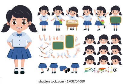 Student girl in uniform character creation kit vector set. Pre-school student in uniform editable and in different face head, hand and body gesture for education elements. Vector illustration.