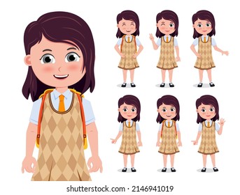 Student girl vector character set. School 3d female students in standing pose and happy facial expression for back to school friendly characters design. Vector illustration.