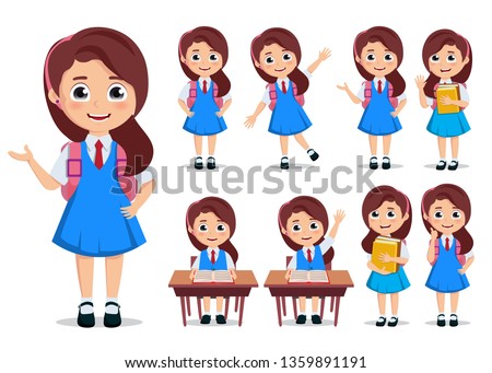 Student girl vector character set. School kids cartoon characters wearing uniform and backpack with various pose and gestures while doing educational activities. Vector illustration. 
