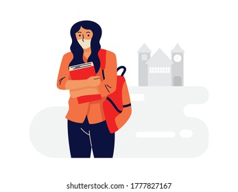 Student girl wearing face mask holding book in school background. illustration of back to school.