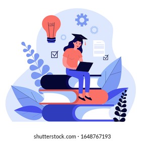 Student girl wearing graduation cap, studying with laptop. Young woman sitting on stack of books, getting knowledge online. Vector illustration for e-learning, internet course, school concept