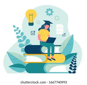 Studentenmädchen mit Graduierungsmütze, das mit Laptop studiert. Junge Frau, die auf dem Stapel von Büchern sitzt und Wissen online bekommt. Vektorillustration-Illustration für E-Learning, Internetkurs, Schulkonzept