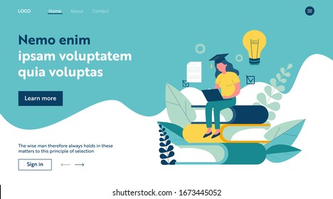 Student girl wearing graduation cap, studying with laptop. Young woman sitting on stack of books, getting knowledge online. Vector illustration for e-learning, internet course, school concept