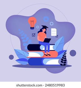 Student girl wearing graduation cap, studying with laptop. Young woman sitting on stack of books, getting knowledge online. Vector illustration for e-learning, internet course, school concept