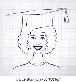 Student girl wearing graduation hat. Vector hand drawn sketch on notebook background.