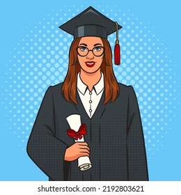 student girl woman graduated with student hat and diploma pop art retro vector illustration. Comic book style imitation.