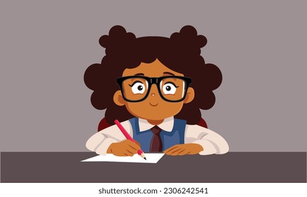 
Student Girl Writing at her Desk in School Vector Cartoon. Schoolkid doing her homework smiling feeling clever and cheerful
