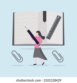 A student girl is writing note book with pencil and rule . Graduate of educational institution celebrating victory. Vector colorful illustration.