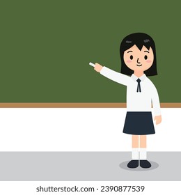 Student girl writing on blackboard vector illustration. School teaching. Students are attending class. Do homework. go to school. back to school. Used for educational images.