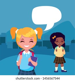 student girls with bag talking back to school