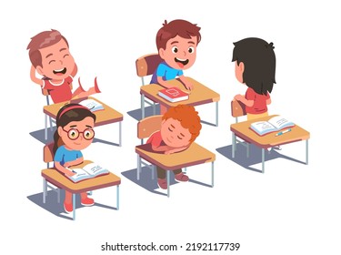 Student Girls, Boys Class Relaxing Enjoying Classroom Break. Children Sitting At Desks Grimacing, Laughing, Napping, Studying. Childhood, Education, Elementary School Recess Flat Vector Illustration