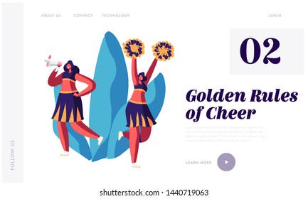 Student Girls in Cheerleaders Uniform Dancing with Pompons and Crying to Megaphone on Sport Event Competition Support Sportsmen Website Landing Page, Web Page. Cartoon Flat Vector Illustration, Banner