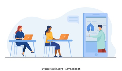 Student girls learning medicine online. Tutor giving webinar, human organs chart. Flat vector illustration. Distance education, teaching concept for banner, website design or landing web page