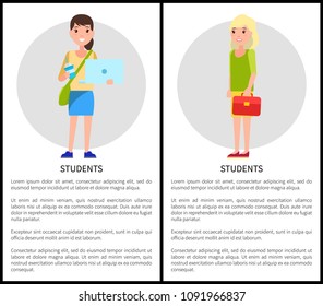 Student girls poster set containing text sample and headline, lady with laptop, coffee cup, female holding red handbag, collection vector illustration