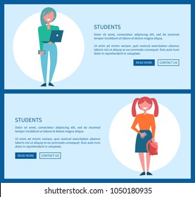 Student girls set of posters push buttons read more and contact us, schoolgirls in cartoon style, smartphone and handbag, notebook for studying vector